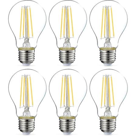 6 kpl LED-lamppuja Edison-kierteellä A60/e27 (6W) Läpinäkyvä filamentti Ei himmennettävä