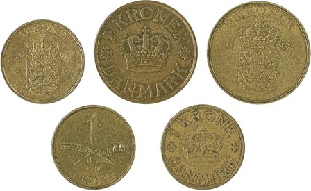 Danmark - 5 forskellige danske mønter