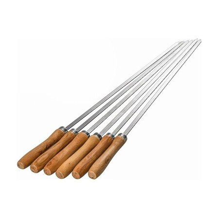 Set med 6 platta spett av rostfritt stål med trähandtag BBQ grill 42cm