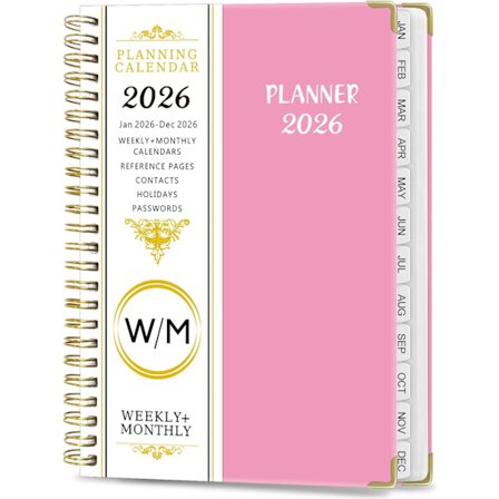 Veckoplanerare och månadskalender 2026, Jan-Dec, spiralbunden med flikar, innerficka, 6,2" x 8,5" Årskalender (Rosa, 6,2" x 8,5")