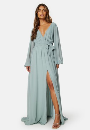 Goddiva - Long Sleeve Chiffon Dress - Sage Green S - Kläder - - Bubbleroom