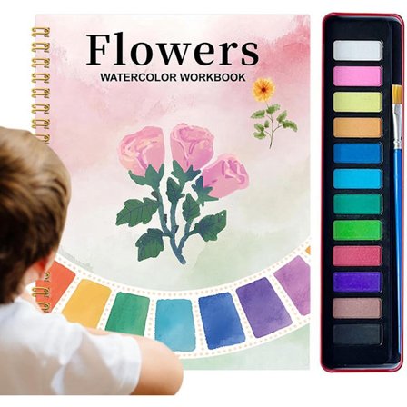 Akvarelmalersæt til begyndere med 12 farver - Pink blomster - Gave til kunst og håndværk til kvinder