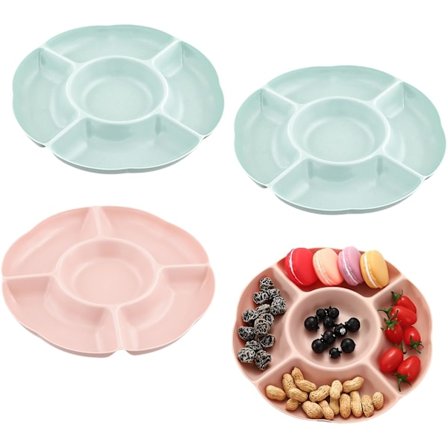 Genanvendelig Snacktallerken, Snackbakke, Frugttallerkener med 5 Rum, Tallerkener til Opbevaring af Slik Snacks Nødder Frugt, 4 Styk