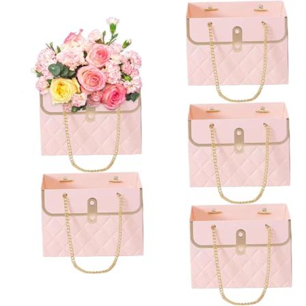 Gaveeske i papir med blomstermotiv, 5 blomsterkonvoluttbokser med håndtak, blomsteroppsatsbukettpose, rosa blomsterhåndveske til bryllupsbursdagsfest.