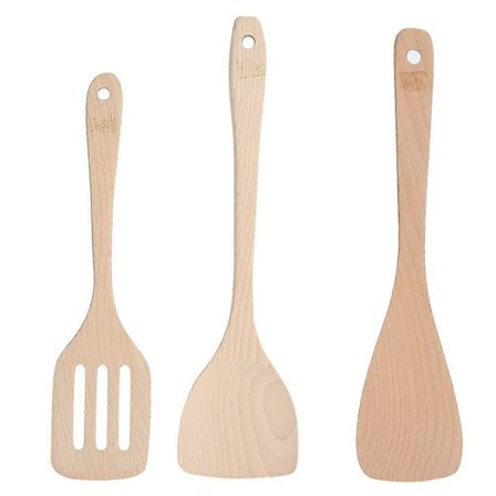 Sæt med 3 umalede træspatler, køkkenredskaber, madlavningsværktøj til brug på non-stick pander