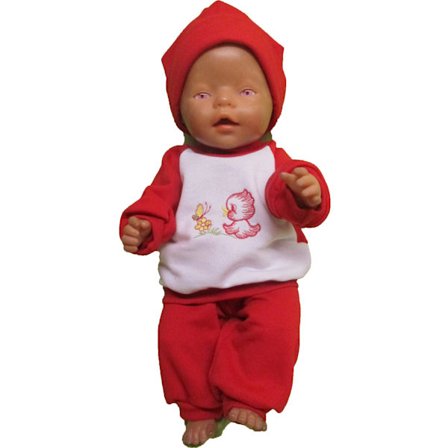 Röd/vit joggingdress med fågel till Baby Born, dockkläder.
