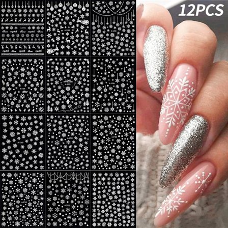 12 hopeista 3D-lumikukkaa kynsitarraa glitterillä, joulukuusi-, lumiukkomalleja [YDE]