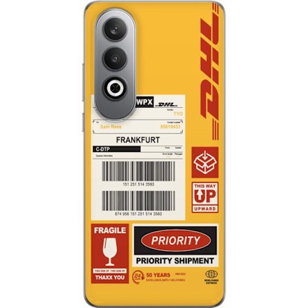 Yhteensopiva Puhelinkuori OnePlus OnePlus Nord CE4 DHL Express rahtietiketti suunnittelu viivakoodeilla, Frankfurt tekstillä ja logistiikkateema gra