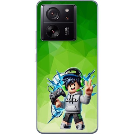 Yhteensopiva Puhelinkuori Xiaomi 13T Roblox-inspiroitu pelaajahahmo, jossa on kuulokkeet, ohjain ja energiset efektit vihreää taustaa vasten