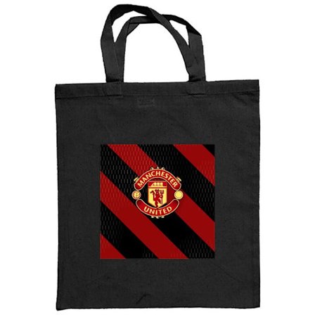 Stofpose Manchester United klubemblem på rød og sort baggrund, klassiske fodboldgrafik for fans og sportsdekoration
