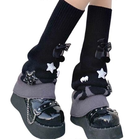 Æstetiske Kvinder Farveblok Benvarmer Lange Sokker Strikkede Løse Flare Benbetræk med Søde Bolde Sløjfer Streetwear