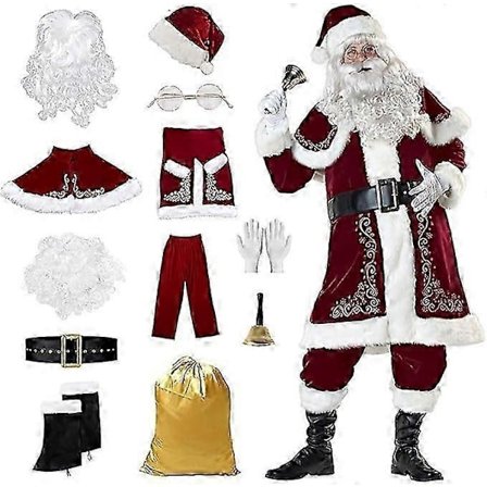 Julemandskostume Sæt 12 Dele Voksen Deluxe Fløjl Julemandskostume Sæt, Julemandsdragt i Deluxe-udgave til mænd, til mænd i juleferien - Perfekt