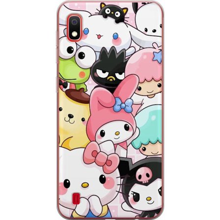 Kompatibelt Mobildeksel til Samsung Galaxy A10 Tett mønster av søte figurer med store øyne i ulike farger og uttrykk med LABUBU-tekst