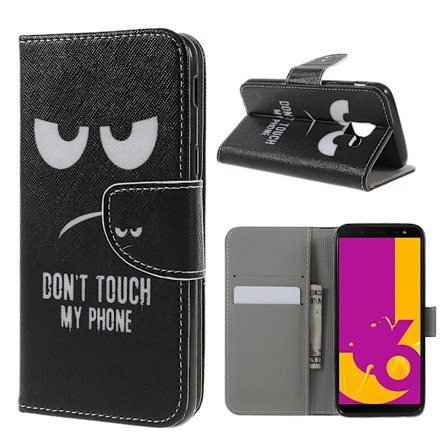 Samsung Galaxy J6 Kuvallinen Seisova PU Nahkinen Suojaava Lompakko Kotelo - Do Not Touch My Phone Teksti