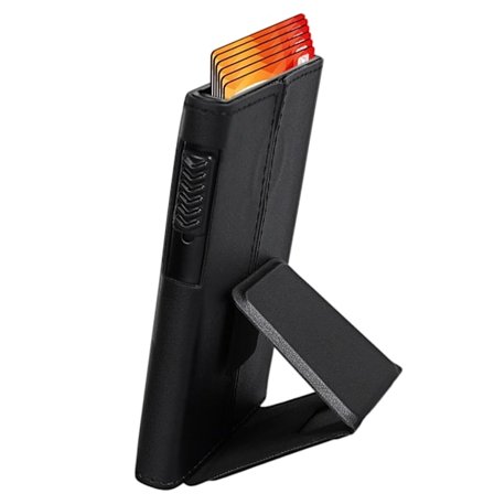 Högkvalitativt läder plastikkortfodral med popup-stativ och telefonfunktion