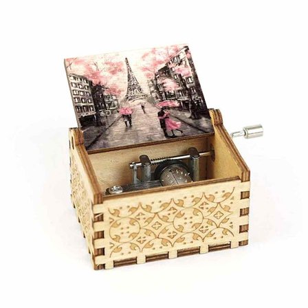 Musikkboks i tre med vintage-design, hånddrevet spilledåse som spiller melodien 'Can't Help Falling in Love', romantisk musikalsk gave til jubileum 