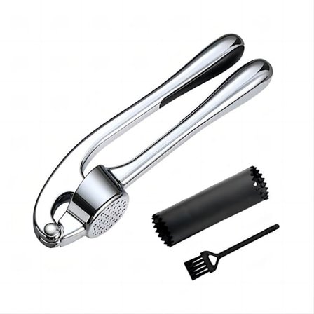 Premium hvitløkspresse, hvitløksknuser 3-delt sett med silikonrulleskreller og rengjøringsbørste - Sølv