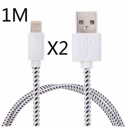 Pakke med 2x HVID 1M Usb-kabel til iPhone flettet stof Sync Netopladerkabel til iPhone 5-5s 6 6s plus Vit