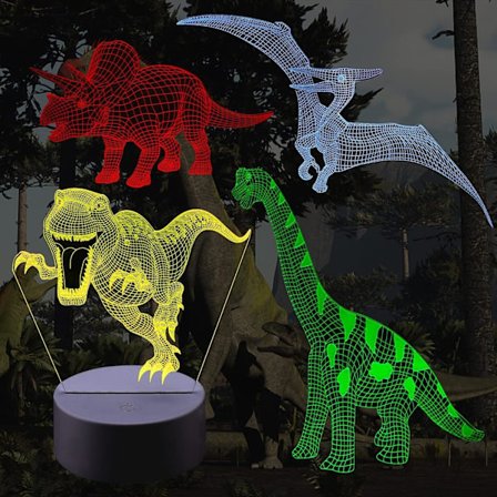 4 Mönster 3D Dinosaurie Nattlampa, 16 Färger Bytbar Dimbar Illusionlampa med Fjärrkontroll och Smart Touch-funktion, Dinosaurie Leksakspresent