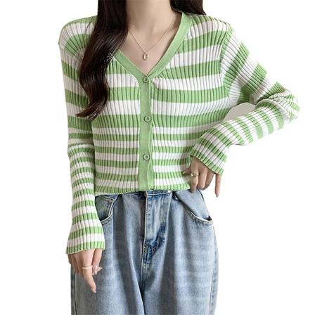 Korealaistyylinen Naisten Syksyn Neuletakki Napilla, Raidallinen, Ribattu, Hoikka Neulepusero