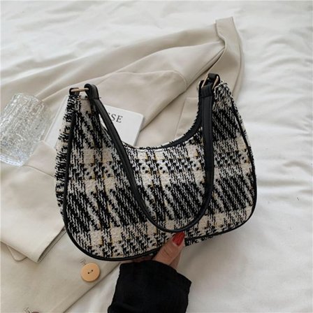 Plaid Canvas Dametaske Moon Shape Skuldertaske SORT SORT