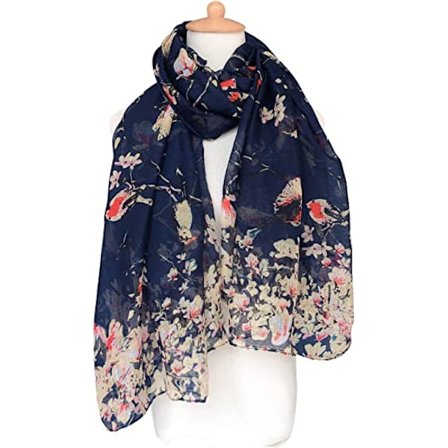 Letvægts tørklæder til kvinder med blomster- og fugleprint i bomuld