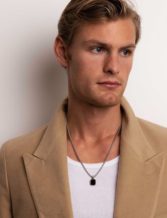 Nialaya Silver Necklace With Square Matte Onyx Pendant - Silver - ONE SIZE 59 cm