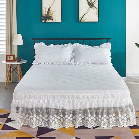 Tulle blonder trimmet elastisk plissert senge skjørt, Ruffle Wrap Around Bed Wrap Queen (Hvit, 18in)