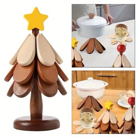 5 stk. Festlige juletræsformede bordskånere i træ med stativ - Varmebestandige, foldbare og dekorative til køkken- og spisebrug [DB]