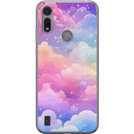 Kompatibelt Mobildeksel til Motorola Moto E6i Søt enhjørning med regnbuefarget hår mot en stjernebelagt pastellbakgrunn i kawaii-stil