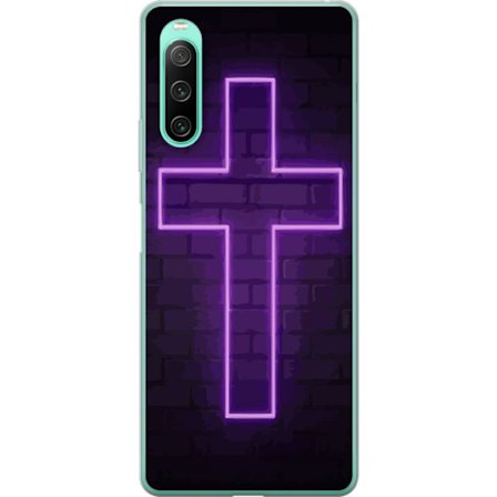Kompatibelt Mobildeksel til Sony Sony Xperia 10 IV Neonkors i lilla lys mot mørk murvegg, symbolsk motiv med sterk glød moderne estetikk og dramatis