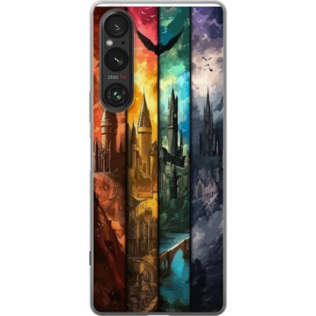 Kompatibel Mobilcover til Sony Sony Xperia 1 VI Fire magiske slotte i forskellige elementfarver, episk fantasykunst med ild vand luft og mørke i deta