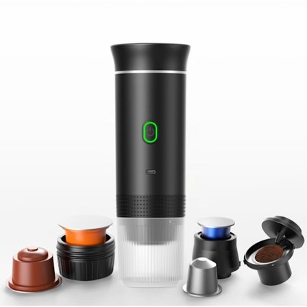 Bærbar Kaffemaskin med 12V Biladapter - Kompatibel med Nespresso u0026 Dolce Gusto Kapsler - Oppladbar Svart Bærbar Espressomaskin
