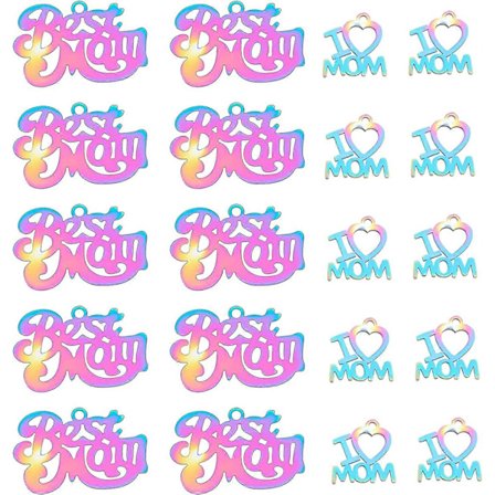Love Mom Charms 20 stk 2 Stiler Best Mom & I Love Mom Charm Anheng 201 Rustfritt Stål Iridescent Hjerte Charms Space Beads for Smykkefremstilling
