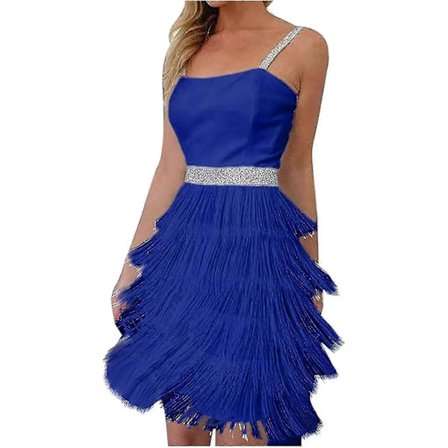 Cocktailkjoler for kvinner, sexy dyp V-hals, full av frynser, spaghettistropper, kjole med paljetter og fjær for ball