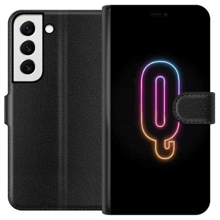 Kompatibel Tegnebogsetui til Samsung Samsung Galaxy S22+ 5G Minimalistisk neonbogstav Q i lyse farver mod mørk baggrund