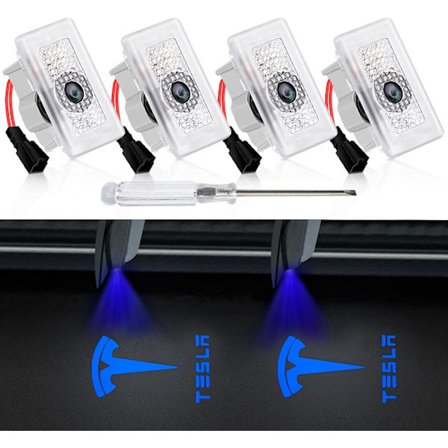 Tesla dørlys logoprojektor, ultraklare Tesla-pyttlys med verktøy, aldri falmende HD velkomsttrinnlys, Plug & Play (4-pakning/blå)