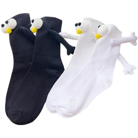 2 Par Par Socker för Par, Hållande Händer, Enfärgade Strumpor, Söta Strumpor för Kvinnor, 3D Dockor med Magnetisk Sugkopp