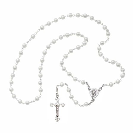 Lang rosenkrans med kors og 8 mm hvide glasperler