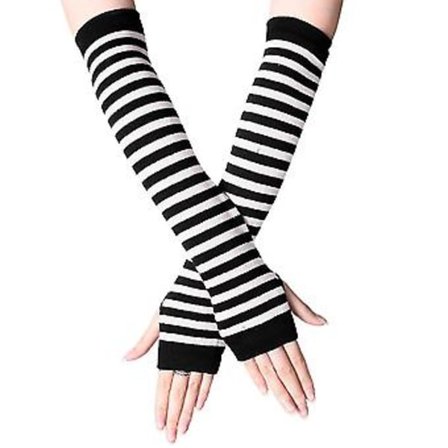 Håndvarmere for kvinner med striper, lange fingerløse votter for vinteren (hvit og svart)