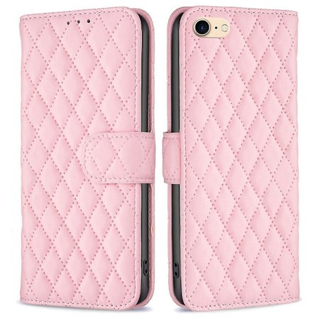 iPhone 7/8/SE (2020)/SE (2022) BF Style-14 Rombikuvioitu Vaakasuuntainen Jalustallinen Mattapintainen Lompakkokotelo [DB] Pinkki Tyyli E iPhone SE (