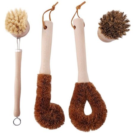 Plantebaseret rengøringsbørste, 4 stk., børstehår af bøgetræ og valnød - træbørste til rengøring af gryder og pander - flaskebørste