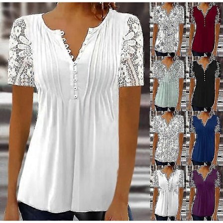 Sommer Kort Erme Dame Blonde Blomster T-skjorte Dame Lang Topp Bluse V-hals Høy Kvalitet