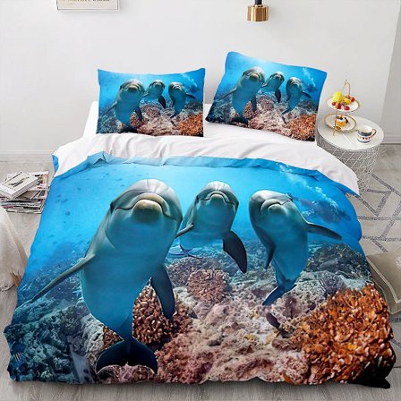 Dolphin 03# 3d Hjem Tekstil Sengetøj Delfin Dyreprint Dynebetræk Tredelt Lagen Sæt