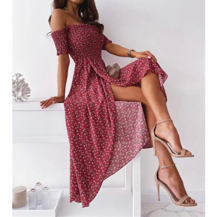 Summer Wish Kvinnor Boho Print Sexig Off--soulder Slit Lon