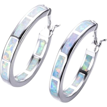 925 Sterling Sølv Dame Hoop Øredobber Laget Blå Hvit Ild Opal Dame Smykker Edelsten Rhodium Belagt Hoop Øredobber