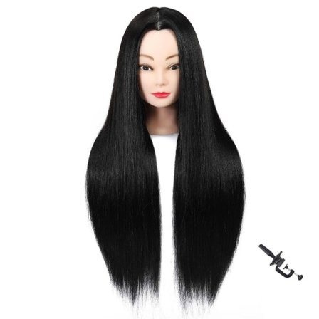 65 cm Dukkehode med hår for frisyretrening - Treningshode for frisører og kosmetologer - Syntetisk fiberhår (svart)