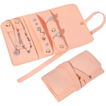 Rosa smyckesrulle i läder, bärbar smyckesförvaring, resesmyckesväska för halsband, armband, ringar, presenter till kvinnor