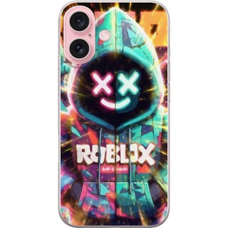 Kompatibelt Mobildeksel til Apple Apple iPhone 16 Neonfarget Roblox hettegenserfigur med lysende effekter og energifylt bakgrunn, moderne spillillustr