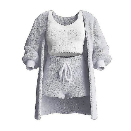 Mysig 3-delad stickad set för kvinnor Varma och sexiga luddiga fleecepyjamas